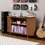 KSOBEBVT Record Player Stand with Vinyl Storage, Modern Media Cabinet with Charging Station & LED Lights, Sliding Door Turntable Stand, Audio-Visual Shelving Unit for Living Room KSOBEBVT