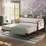 LIKIMIO Daybed with Trundle Bed, Twin Bed Frame with Storage Headboard and Charging Station, Sofa Day Bed with Strong Supports for Living Room, Bedroom, and Guest Room, Cream LIKIMIO