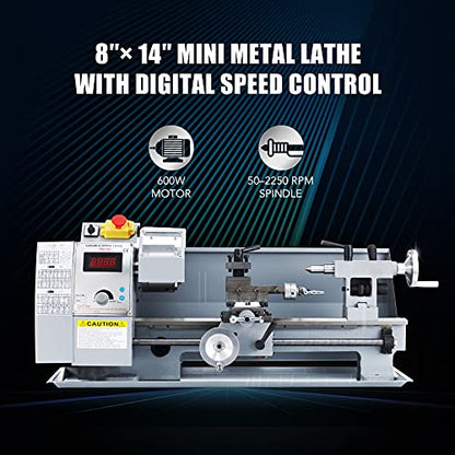 CREWORKS 8"x14" Mini Metal Lathe Machine with 600W Metal Gear Brushed Motor, 50-2250 rpm Metal Turning Cutting Drilling Benchtop Metal Lathe with - WoodArtSupply