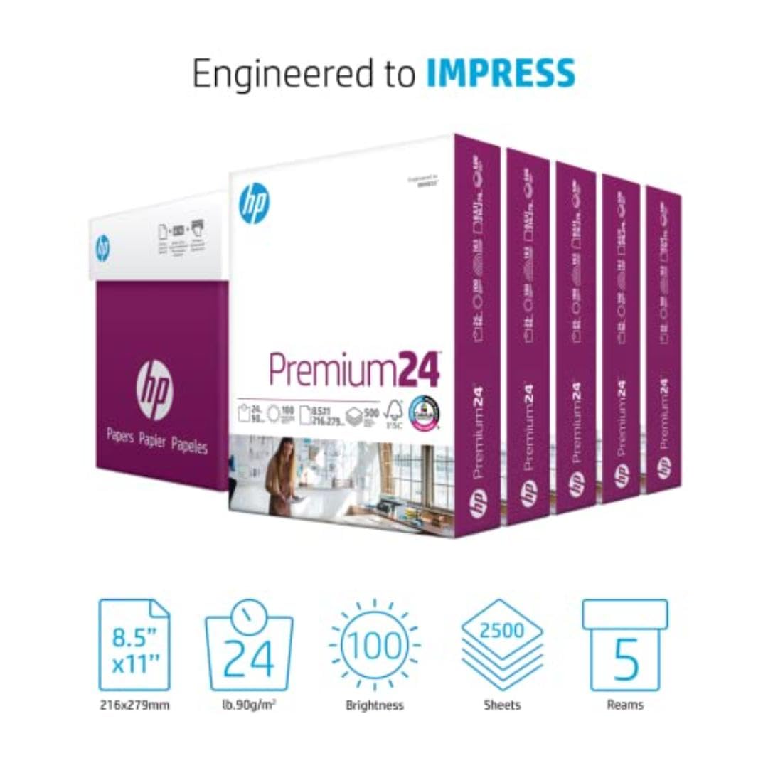 HP Printer Paper | 8.5 x 11 Paper | Premium 24 lb | 5 Ream Case - 2500 Sheets | 100 Bright | Made in USA - FSC Certified | 115300C HP Papers