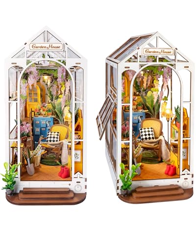 Rolife Book Nook Kit Wooden Bookcase 9.5" Garden House Miniature Kit with LED Decorative Bookends, 3D Puzzles for Adults Craft Hobby for Girls Boys Adults