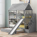 Harper & Bright Designs Twin Over Twin Wood Bunk Bed with Trundle and Staircase, Solid Wood Bunk Bed Frame with Storage, Playhouse Bunk Bed with Roof and Window for Kids, Gray Harper & Bright Designs