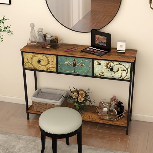 Tohomeor Entryway Console Table with 3 Retro Flowers Fabric Drawers Boho Narrow Long Behind Couch Sofa Table with Bottom Open Storage Shelf for Hallway Living Room Foyer (Rustic Brown, 3 Drawers) Tohomeor