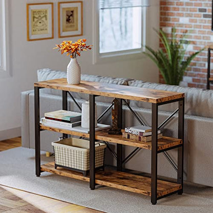 IRONCK Rustic Entryway Console Table, Long Hallway Table 47in 3-Tier, TV Stand Entertainment Center Media Stand for Living Room, Industrial Style, Vintage Brown