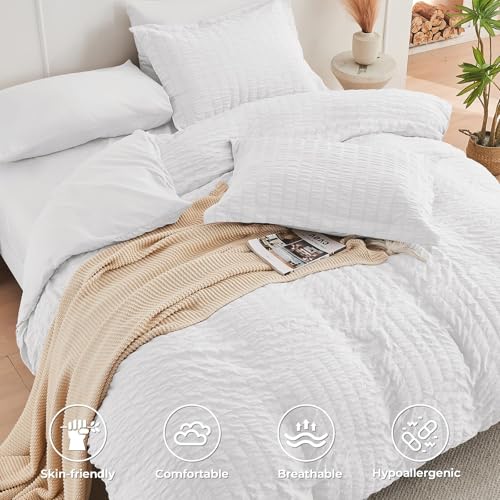 HYMOKEGE White Queen Comforter Set Seersucker 7 Pieces, All Season Luxury Bed in a Bag for Bedroom, Bedding Set with Comforters, Sheets, Pillowcases & Shams HYMOKEGE