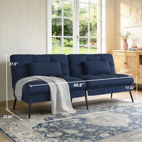 COMHOMA 72″Futon Sofa Bed,Modern Convertible Sleeper Sofa, Fabric Futon Couch with Multi-Position Backrest for Living Room Furniture (Blue) COMHOMA