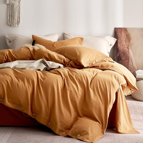 JELLYMONI 100% Washed Cotton Duvet Cover Full – Soft, Breathable Linen-Look Bedding with Natural Wrinkle Texture, Button Closure, 3-Piece Set (Amber Orange, 80"x90") JELLYMONI