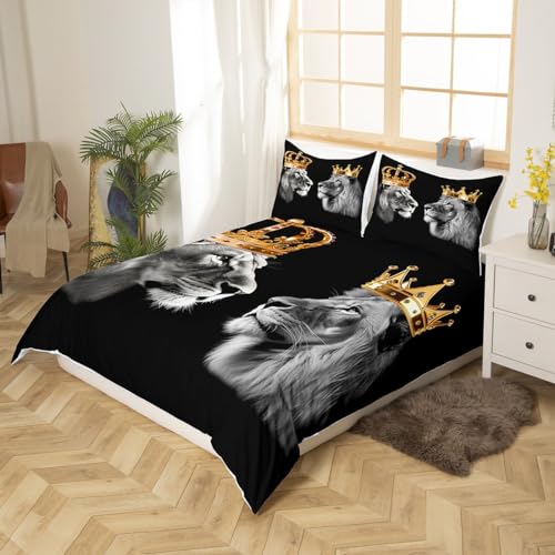 Lion Wild Animal Duvet Cover Set King Size,King and Queen Theme Golden Crown Comforter Cover with 2 Pillowcases,Tropical African Rustic Bedding Set for Adult Young Bedroom Xmas Gift (No Comforter) Castle Fairy