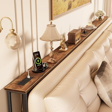 Huuger 118 Inch Sofa Table with Power Outlets and USB-C Ports, 5.9 Inch Narrow Entryway Table, Behind Couch Table with Storage, Extra-Long Console Table, Living Room, Rusitc Brown Huuger