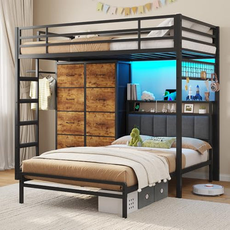 DICTAC Twin Over Twin Bunk Bed with 8 Storage Drawers and Led Lights Metal Bunk Beds with Storage Headboard and Charging Station,L-Shaped bunk Bed for Kids/Teen with Safety Guardrail and Ladder,Black DICTAC