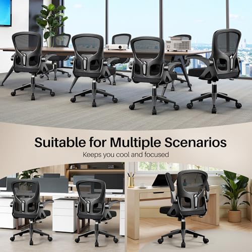 FINATI Office Chair Ergonomic Desk Chair, Adjustable Lumbar Support Rolling Swivel Comfy Chair with Space-Saving Flip Up Armrests, Breathable Mesh Gaming Chair for Business Work Office & Home, Black FINATI