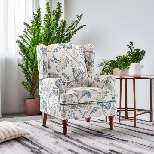 MELLCOM Floral Accent Chair, High Back Upholstered Armchair with Solid Legs, Leisure Single Sofa Chair for Living Room, Bedroom, Home Office, Blue Floral MELLCOM