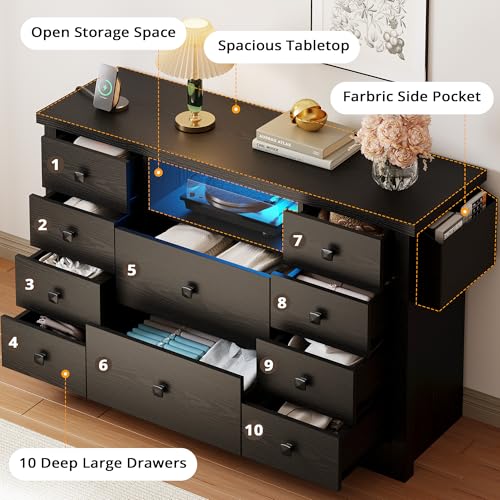 LIKIMIO Dresser with 10 Drawers, Bedroom Wooden Chest of Drawers with LED Lights and Power Outlets, Fabric Side Pocket, TV Stand for Living Room, Black LIKIMIO