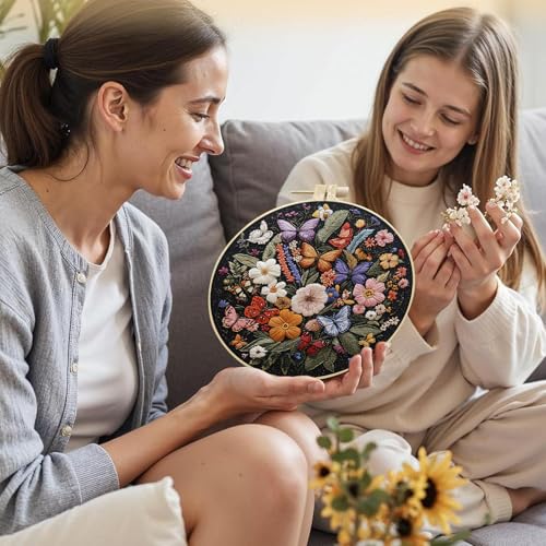 SCECALA 4 Pack Butterfly Floral Embroidery Kit - Flower Butterfly Hand Embroidery Kit for Beginners with Pattern, Complete Cross Stitch Supplies DIY Craft for Adults Sewing Hobby, 1pc Hoops