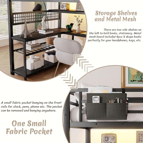 Mirightone Full Size Loft Bed with Desk & Stairs, Heavy-Duty Metal Loft Beds with Upper Shelves & Wardrobe, High Loft Bed Frame with LED and Charging Station for Boys, Girls and Teens (Black) Mirightone
