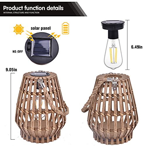 Hanging Solar Lantern Rattan Outdoor Lanterns for Patio Waterproof with Handle Large Bright Natural Bamboo Solar Table Lamp LED Lights Edison Bulb Design Decor for Wedding Yard Garden Farmhouse pearlstar