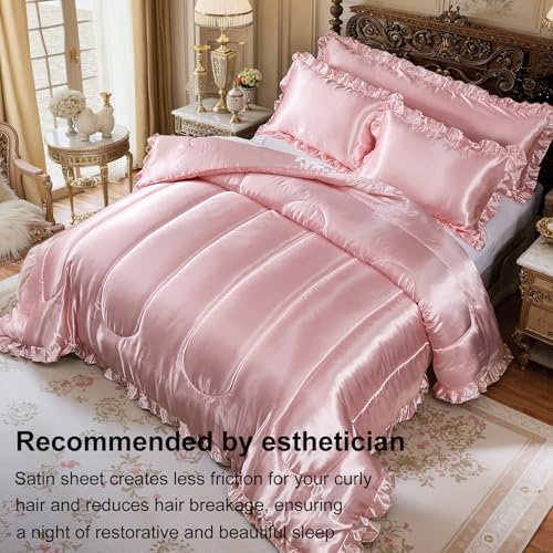 Satin King Comforter Set Silk Like Satin Bedding Set Hotel Soft Polyester Pink Bed Set Luxury Silky Pillow Cover with Quilt Set Ruffle Down Comforter Home Decor Bedding_Dreamer