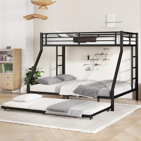 Bellemave Metal Twin XL Over Queen Bunk Beds with Trundle,Heavy Duty Bunk beds Frame for Adults,Kids,Teens,Space-Saving,Black Bellemave