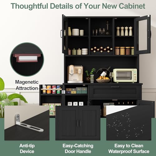 Shintenchi Kitchen Pantry Storage Cabinet, Freestanding Buffet Cabinet with Microwave Stand & 4 Door Shelves, Kitchen Hutch with Doors, Adjustable Shelves and Wine Rack, Black Shintenchi