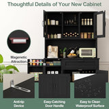 Shintenchi Kitchen Pantry Storage Cabinet, Freestanding Buffet Cabinet with Microwave Stand & 4 Door Shelves, Kitchen Hutch with Doors, Adjustable Shelves and Wine Rack, Black Shintenchi