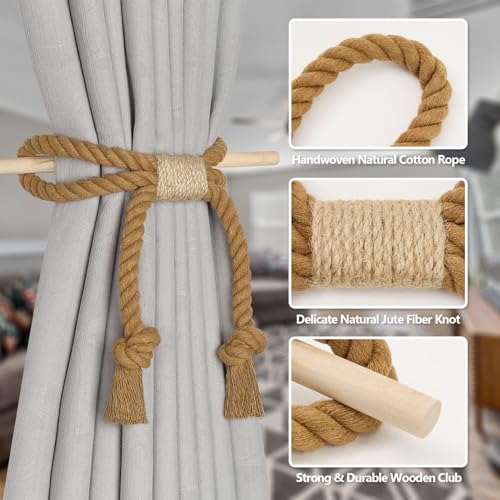 NICEEC 2 Pack Natural Cotton Rope Curtain Tiebacks Boho Rustic Style Decorative Drape Tie Backs Farmhouse Hand-Woven Rope Curtain Holdbacks with Wood Club for Home & Office Drapery (Cotton knot-Khaki)