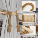 NICEEC 2 Pack Natural Cotton Rope Curtain Tiebacks Boho Rustic Style Decorative Drape Tie Backs Farmhouse Hand-Woven Rope Curtain Holdbacks with Wood Club for Home & Office Drapery (Cotton knot-Khaki) NICEEC