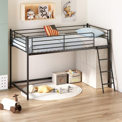 JOYMOR Low Loft Bed with Inclined Ladder, Metal Twin Size Bed Frame with 15” High Guardrail for Boys Girls, Junior, Space Saving, Mattress Not Included (Black)
