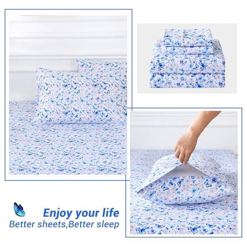 Softan Twin Floral Sheets, Microfiber Blue Flower Printed Fitted Sheets with Non-Slip Corner Straps and 15" Deep Pocket, Butterfly Patterned Cozy Bed Sheets, Single Sheets & Pillowcase Sets Softan