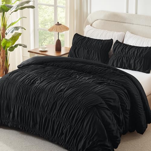 Andency Ruched Black Full Size Comforter Sets, Shabby Chic Pleatd Bedding Sets 3 Pieces, Lightweight Soft Boho Ruffle Bed Set for Girls, Kids, Women, All Season Andency