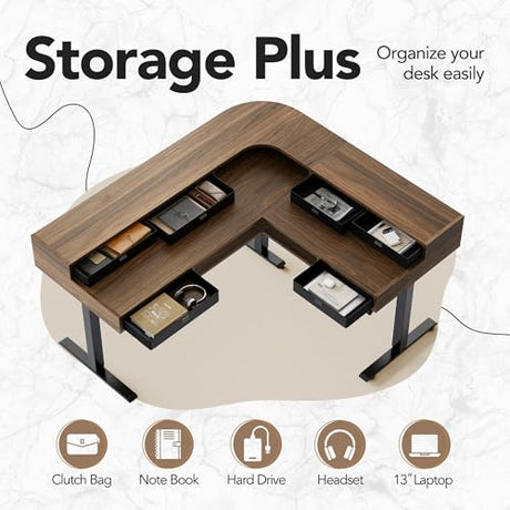 HUANUO Electric L Shaped Standing Desk with 6 Storage Drawers & File Cabinet, 2-Tier Corner Sit Stand Desk with Cable Management Tray, 65.5" × 57.6" Height Adjustable Computer Gaming Table, Walnut HUANUO