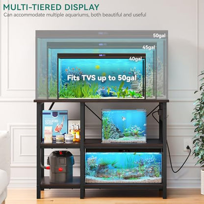 YITAHOME 40-50 Gallon Fish Tank Stand with Power Outlet, 40x18 Inch Metal Aquarium Stand with 3-Tier Adjustable Storage Shelves and Hooks, 700LBS Capacity, Black