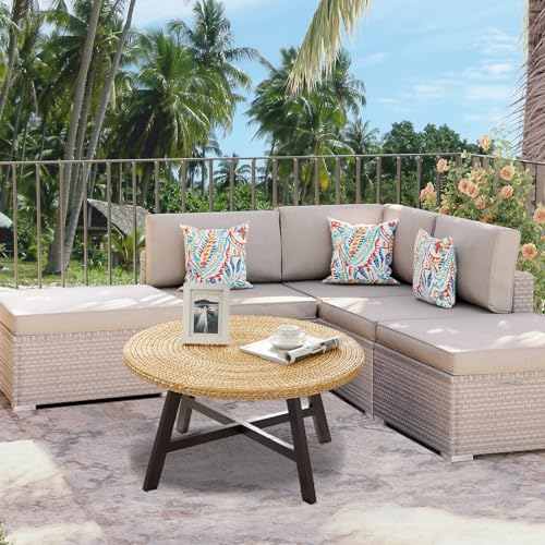 RANDEFURN Coffee Table Round, Seagrass Coffee Tables,Pine Wood X Base Frame Cocktail Table, Easy Assembled, Multiple Sizes for Living Room, Solid Wood Table,32 x 17 Inches,Natural RANDEFURN