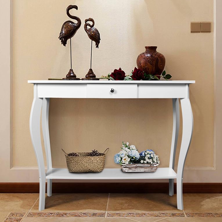 ChooChoo Narrow Console Table with Drawer, Chic Accent Sofa Table, Entryway Table, White - WoodArtSupply