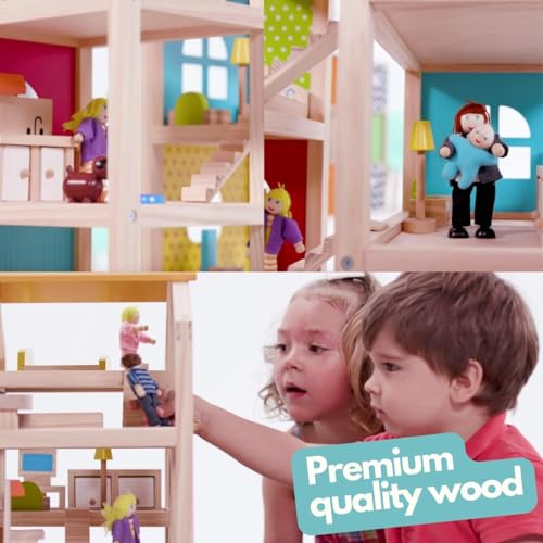 PIDOKO KIDS Skylar Wooden Dollhouse - Includes 20 Pcs Furniture Accessories, 5 Family Dolls and a Pet Dog - Wood Doll House for 3 4-5 Year Old Girls