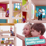 PIDOKO KIDS Skylar Wooden Dollhouse - Includes 20 Pcs Furniture Accessories, 5 Family Dolls and a Pet Dog - Wood Doll House for 3 4-5 Year Old Girls Pidoko Kids