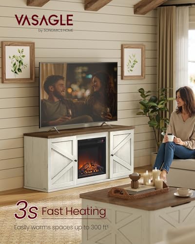 VASAGLE Fireplace TV Stand for TVs up to 65 Inches, 18-Inch ELectric Fireplace with Remote, Farmhouse Entertainment Center, Media Console Table for Living Room, Rustic White and Honey Brown ULTV540W01 VASAGLE