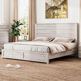 LUXOAK Distressed White Farmhouse Queen Bed Frame with 49" Tall Headboard and Hidden Metal Support LUXOAK