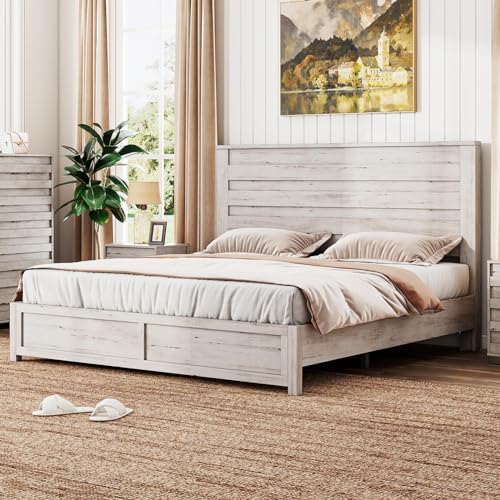 LUXOAK Distressed White Farmhouse Queen Bed Frame with 49" Tall Headboard and Hidden Metal Support - WoodArtSupply