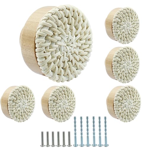 suiwotin 6pcs Rattan Dresser Knobs Boho Knobs, Natural Wood Wicker Woven Drawer Knobs, Wooden Knobs Decorative Cabinet Knobs Pulls Handles for Pantry, Cupboard, Furniture Knobs (White, Large) suiwotin