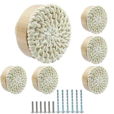 suiwotin 6pcs Rattan Dresser Knobs Boho Knobs, Natural Wood Wicker Woven Drawer Knobs, Wooden Knobs Decorative Cabinet Knobs Pulls Handles for Pantry, Cupboard, Furniture Knobs (White, Large) suiwotin
