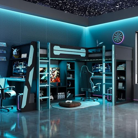 XD Designs L-Shaped Loft Bed Twin Size with Desks and Storage Shelves, Wooden Gaming Loft Bed Frame with LED Lights, USB Ports and TV Stand for 2 Kids Teens Adults, Reversible Layout (Black+Blue-L) XD Designs