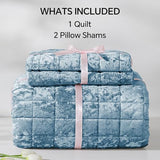 BEDELITE Velvet Quilt Set King Size - Luxury Velvet Comforter Bedding Set 3 Pieces, Soft Cozy Shiny Dusty Blue Oversized Bedspread Coverlet for All Seasons with 2 Pillow Shams BEDELITE