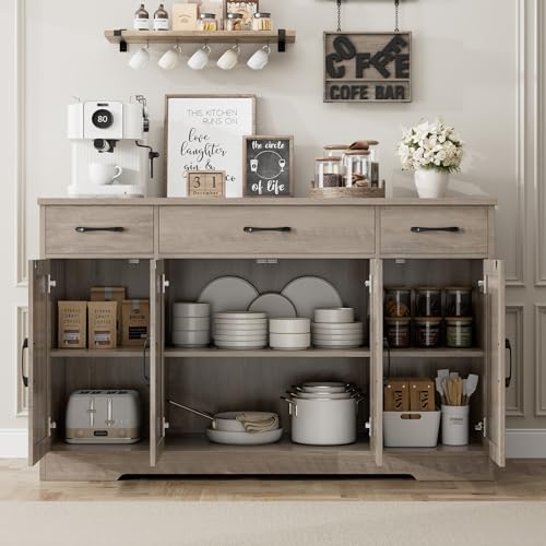 HOSTACK Buffet Sideboard Cabinet with Drawers, 55" Large Buffet Storage Cabinet with Shelves & 4 Doors, Modern Farmhouse Coffee Bar Cabinet Wood Buffet Table for Kitchen, Dining Room, Ash Grey HOSTACK