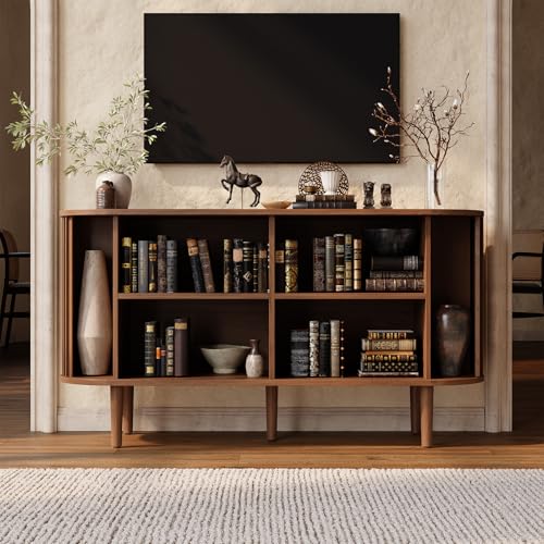 ONBRILL 55" Buffet Sideboard Cabinet with Sliding Doors, Mid-Century Modern Sideboard Buffet Cabinet with Storage & Adjustable Shelves, Accent Coffee Bar Console Table for Kitchen, Entryway, Walnut ONBRILL