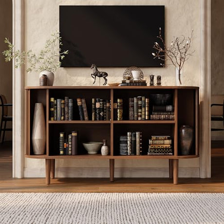 ONBRILL 55" Buffet Sideboard Cabinet with Sliding Doors, Mid-Century Modern Sideboard Buffet Cabinet with Storage & Adjustable Shelves, Accent Coffee Bar Console Table for Kitchen, Entryway, Walnut ONBRILL
