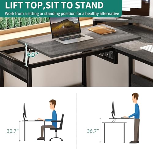 DWVO L Shaped Desk with Lift Top, 65" Adjustable Standing Desk with File Drawer, Corner Computer Desk with Storage Shelves,Home Office Desk, Grey DWVO