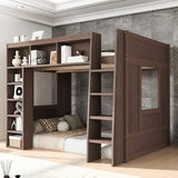 Merax Queen Size Loft Bed with Storage - Wooden High Sleeper Bed with 3 Cabinets & 5 Shelves, Heavy Duty Study Desk Space, Space Saving Bed for Kids Teens, Small Bedroom, Dorm Room, Brown Merax