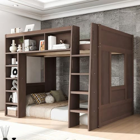 Merax Queen Size Loft Bed with Storage - Wooden High Sleeper Bed with 3 Cabinets & 5 Shelves, Heavy Duty Study Desk Space, Space Saving Bed for Kids Teens, Small Bedroom, Dorm Room, Brown Merax