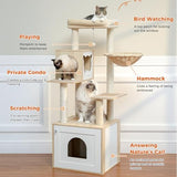 MIOMUM Tall Cat Tree with Litter Box Enclosure 56.7" Wooden Cat Tower for Large Cats with Cat Hammock House Bed (Wood Beige) MIOMUM