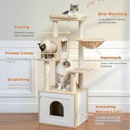 MIOMUM Tall Cat Tree with Litter Box Enclosure 56.7" Wooden Cat Tower for Large Cats with Cat Hammock House Bed (Wood Beige) - WoodArtSupply